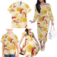 Beige Palaka Hawaii Aloha Family Matching Off The Shoulder Long Sleeve Dress and Hawaiian Shirt Koi Pond Mix Ilima Flowers - Polynesian Pride