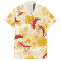 Beige Palaka Hawaii Aloha Family Matching Off The Shoulder Long Sleeve Dress and Hawaiian Shirt Koi Pond Mix Ilima Flowers - Polynesian Pride