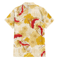 Beige Palaka Hawaii Aloha Family Matching Off The Shoulder Long Sleeve Dress and Hawaiian Shirt Koi Pond Mix Ilima Flowers - Polynesian Pride