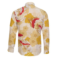 Beige Palaka Hawaii Aloha Family Matching Off The Shoulder Long Sleeve Dress and Hawaiian Shirt Koi Pond Mix Ilima Flowers - Polynesian Pride
