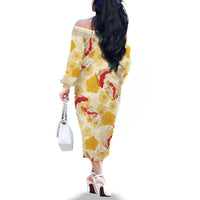 Beige Palaka Hawaii Aloha Family Matching Off The Shoulder Long Sleeve Dress and Hawaiian Shirt Koi Pond Mix Ilima Flowers - Polynesian Pride