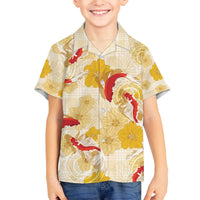 Beige Palaka Hawaii Aloha Family Matching Off The Shoulder Long Sleeve Dress and Hawaiian Shirt Koi Pond Mix Ilima Flowers - Polynesian Pride