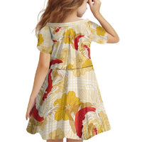 Beige Palaka Hawaii Aloha Family Matching Off Shoulder Maxi Dress and Hawaiian Shirt Koi Pond Mix Ilima Flowers - Polynesian Pride