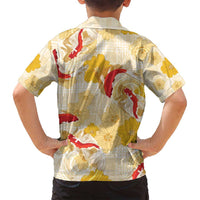 Beige Palaka Hawaii Aloha Family Matching Off Shoulder Short Dress and Hawaiian Shirt Koi Pond Mix Ilima Flowers - Polynesian Pride