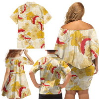 Beige Palaka Hawaii Aloha Family Matching Off Shoulder Short Dress and Hawaiian Shirt Koi Pond Mix Ilima Flowers - Polynesian Pride
