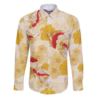 Beige Palaka Hawaii Aloha Family Matching Off Shoulder Short Dress and Hawaiian Shirt Koi Pond Mix Ilima Flowers - Polynesian Pride