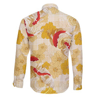 Beige Palaka Hawaii Aloha Family Matching Off Shoulder Short Dress and Hawaiian Shirt Koi Pond Mix Ilima Flowers - Polynesian Pride