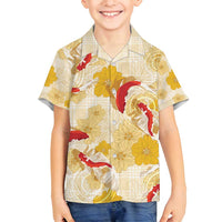 Beige Palaka Hawaii Aloha Family Matching Off Shoulder Short Dress and Hawaiian Shirt Koi Pond Mix Ilima Flowers - Polynesian Pride