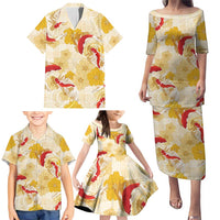 Beige Palaka Hawaii Aloha Family Matching Puletasi and Hawaiian Shirt Koi Pond Mix Ilima Flowers - Polynesian Pride