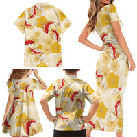 Beige Palaka Hawaii Aloha Family Matching Short Sleeve Bodycon Dress and Hawaiian Shirt Koi Pond Mix Ilima Flowers - Polynesian Pride