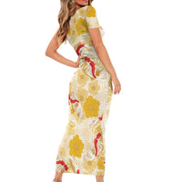 Beige Palaka Hawaii Aloha Family Matching Short Sleeve Bodycon Dress and Hawaiian Shirt Koi Pond Mix Ilima Flowers - Polynesian Pride