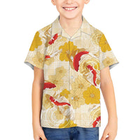 Beige Palaka Hawaii Aloha Family Matching Summer Maxi Dress and Hawaiian Shirt Koi Pond Mix Ilima Flowers - Polynesian Pride