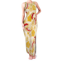 Beige Palaka Hawaii Aloha Family Matching Tank Maxi Dress and Hawaiian Shirt Koi Pond Mix Ilima Flowers - Polynesian Pride