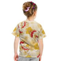 Beige Palaka Hawaii Aloha Kid T Shirt Koi Pond Mix Ilima Flowers - Polynesian Pride