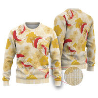 Beige Palaka Hawaii Aloha Ugly Christmas Sweater Koi Pond Mix Ilima Flowers - Polynesian Pride