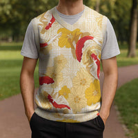 Beige Palaka Hawaii Aloha Christmas Knitted V-Neck Vest Koi Pond Mix Ilima Flowers - Polynesian Pride