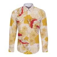 Beige Palaka Hawaii Aloha Long Sleeve Button Shirt Koi Pond Mix Ilima Flowers - Polynesian Pride
