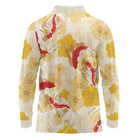 Beige Palaka Hawaii Aloha Long Sleeve Polo Shirt Koi Pond Mix Ilima Flowers - Polynesian Pride