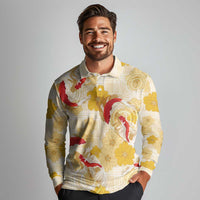 Beige Palaka Hawaii Aloha Long Sleeve Polo Shirt Koi Pond Mix Ilima Flowers - Polynesian Pride