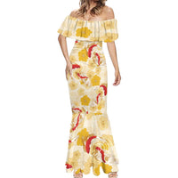 Beige Palaka Hawaii Aloha Mermaid Dress Koi Pond Mix Ilima Flowers - Polynesian Pride