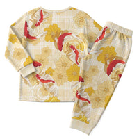 Beige Palaka Hawaii Aloha Christmas Pajama Set Koi Pond Mix Ilima Flowers - Polynesian Pride