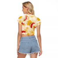 Beige Palaka Hawaii Aloha Raglan Cropped T Shirt Koi Pond Mix Ilima Flowers - Polynesian Pride