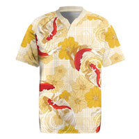 Beige Palaka Hawaii Aloha Rugby Jersey Koi Pond Mix Ilima Flowers LT7 Cream Yellow - Polynesian Pride