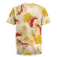 Beige Palaka Hawaii Aloha Rugby Jersey Koi Pond Mix Ilima Flowers LT7 - Polynesian Pride