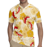 Beige Palaka Hawaii Aloha Rugby Jersey Koi Pond Mix Ilima Flowers - Polynesian Pride