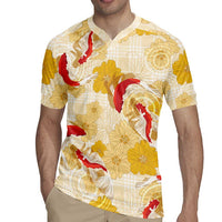 Beige Palaka Hawaii Aloha Rugby Jersey Koi Pond Mix Ilima Flowers LT7 - Polynesian Pride