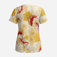 Beige Palaka Hawaii Aloha Scrub Top Koi Pond Mix Ilima Flowers - Polynesian Pride