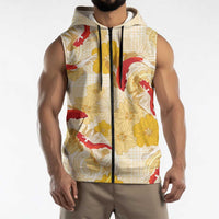 Beige Palaka Hawaii Aloha Sleeveless Zip Hoodie Koi Pond Mix Ilima Flowers - Polynesian Pride