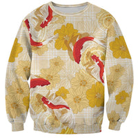 Beige Palaka Hawaii Aloha Sweatshirt Koi Pond Mix Ilima Flowers - Polynesian Pride