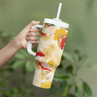 Beige Palaka Hawaii Aloha Tumbler With Handle Koi Pond Mix Ilima Flowers - Polynesian Pride