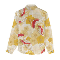 Beige Palaka Hawaii Aloha Women Casual Shirt Koi Pond Mix Ilima Flowers - Polynesian Pride