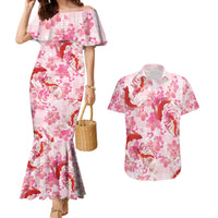 Pink Palaka Hawaii Aloha Couples Matching Mermaid Dress and Hawaiian Shirt Koi Pond Mix Sakura - Polynesian Pride