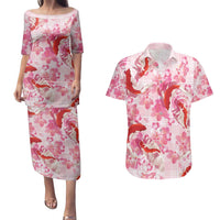 Pink Palaka Hawaii Aloha Couples Matching Puletasi and Hawaiian Shirt Koi Pond Mix Sakura LT7 Pink - Polynesian Pride