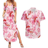 Pink Palaka Hawaii Aloha Couples Matching Summer Maxi Dress and Hawaiian Shirt Koi Pond Mix Sakura - Polynesian Pride