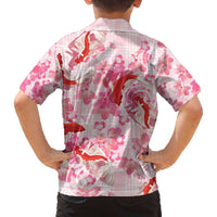 Pink Palaka Hawaii Aloha Family Matching Off The Shoulder Long Sleeve Dress and Hawaiian Shirt Koi Pond Mix Sakura - Polynesian Pride