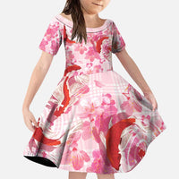 Pink Palaka Hawaii Aloha Family Matching Off The Shoulder Long Sleeve Dress and Hawaiian Shirt Koi Pond Mix Sakura - Polynesian Pride