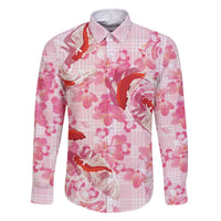Pink Palaka Hawaii Aloha Family Matching Off The Shoulder Long Sleeve Dress and Hawaiian Shirt Koi Pond Mix Sakura - Polynesian Pride