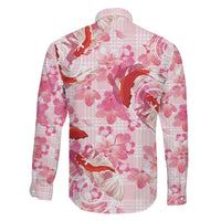 Pink Palaka Hawaii Aloha Family Matching Off The Shoulder Long Sleeve Dress and Hawaiian Shirt Koi Pond Mix Sakura - Polynesian Pride