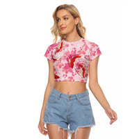 Pink Palaka Hawaii Aloha Raglan Cropped T Shirt Koi Pond Mix Sakura LT7 Female Pink - Polynesian Pride