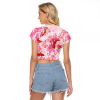 Pink Palaka Hawaii Aloha Raglan Cropped T Shirt Koi Pond Mix Sakura LT7 - Polynesian Pride