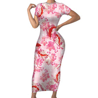 Pink Palaka Hawaii Aloha Short Sleeve Bodycon Dress Koi Pond Mix Sakura - Polynesian Pride