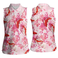 Pink Palaka Hawaii Aloha Women Sleeveless Polo Shirt Koi Pond Mix Sakura - Polynesian Pride