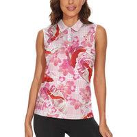 Pink Palaka Hawaii Aloha Women Sleeveless Polo Shirt Koi Pond Mix Sakura - Polynesian Pride