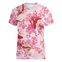 Pink Palaka Hawaii Aloha Women V-Neck T-Shirt Koi Pond Mix Sakura LT7 Female Pink - Polynesian Pride