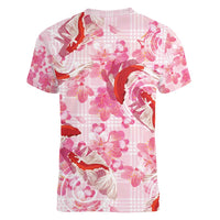 Pink Palaka Hawaii Aloha Women V-Neck T-Shirt Koi Pond Mix Sakura LT7 - Polynesian Pride