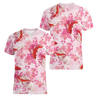 Pink Palaka Hawaii Aloha Women V-Neck T-Shirt Koi Pond Mix Sakura LT7 - Polynesian Pride